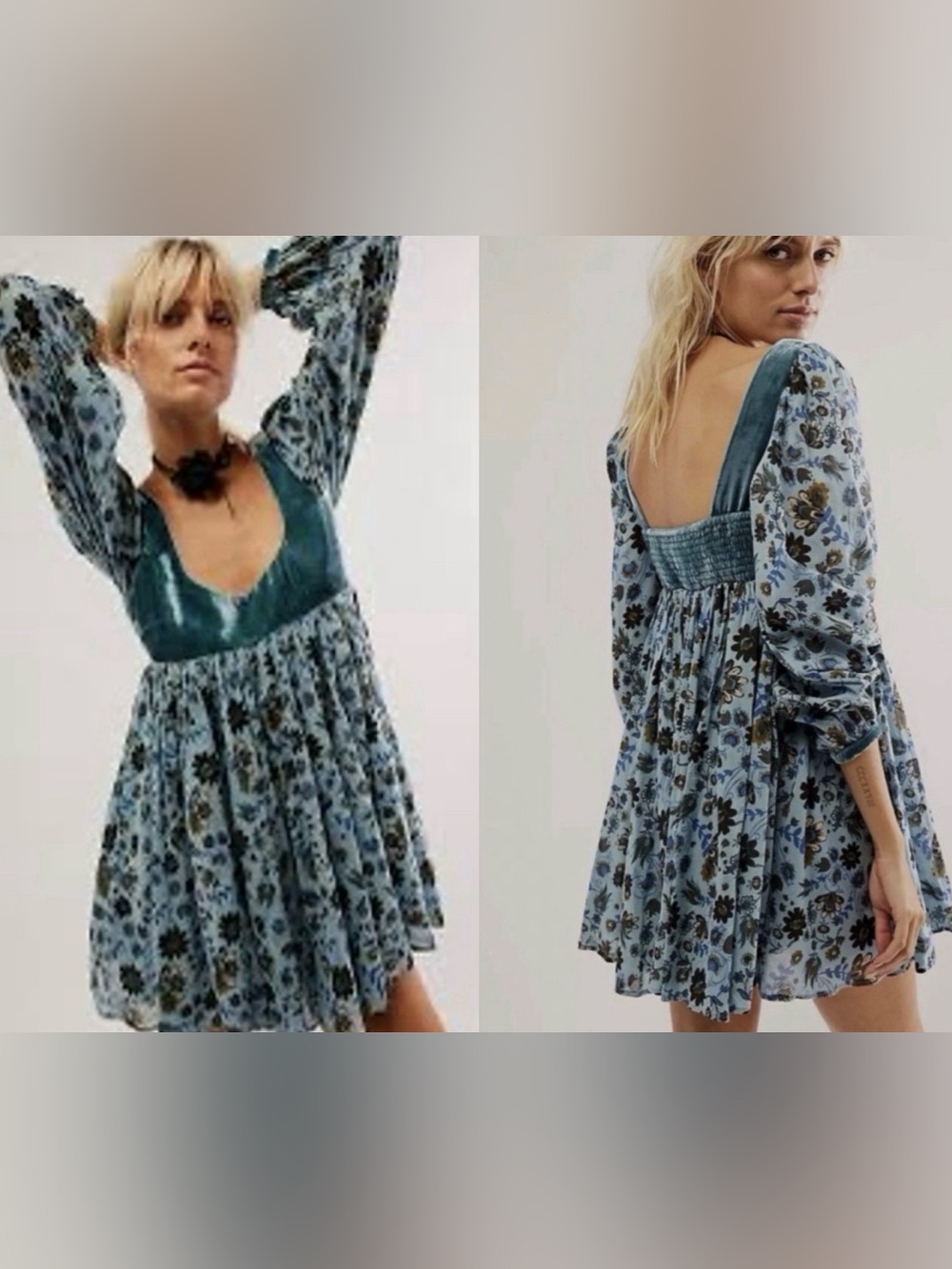 Free People Marsha Mini Velvet Retro Dress Empire Waist Size M Teal NWT - Picture 6 of 10